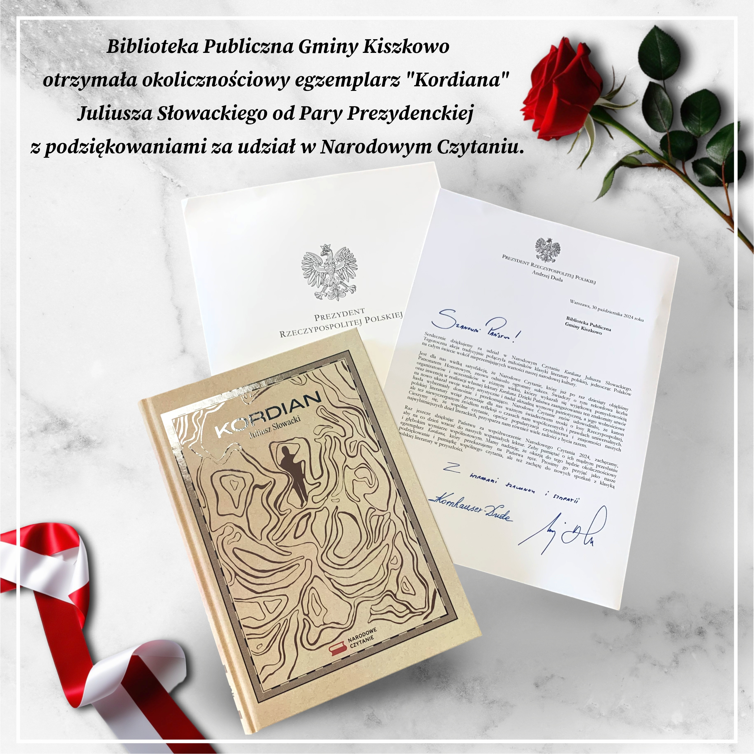 Podziękowanie od Pary Prezydenckiej za wzięcie udziału w Narodowym Czytaniu "Kordiana" w 2024 roku.