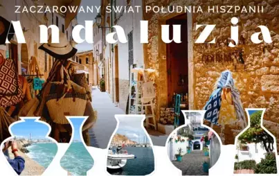 Plakat biblioteki zawierający informację na temat spotkania podróżniczego pt. Zaczarowany świat południa Hiszpanii  w malarstwie Aleksandry Hanaj-Podgórskiej i opowieści żeglarskiej Jacka Podgórskiego.