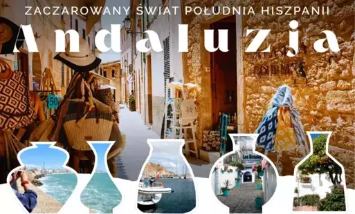 Grafika przedstawiająca uliczkę hiszpańskiego miasta oraz napisy promujące spotkanie o Andaluzji z Jackiem Podgórskim